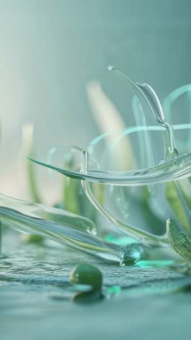 Pulsing Translucent Sculpture Creating Ripples While Green Orb Sprouting Vertical Loop