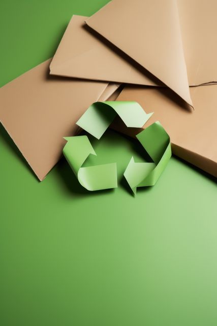 The recycling symbol created with green paper is centered among pieces of cardboard, set against a green background. This visually emphasizes the importance of sustainability and proper recycling practices. The design is strong for environmental campaigns, eco-friendly product advertisements, and educational materials focusing on recycling and waste reduction.