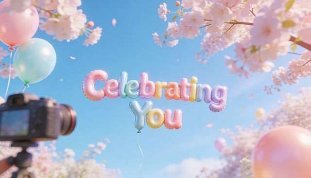 Pastel floating letter balloons spelling celebrating you among cherry blossoms spring
