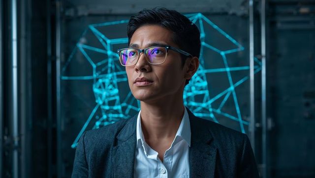 Visionary technologist studying neon facial wireframe in futuristic research lab