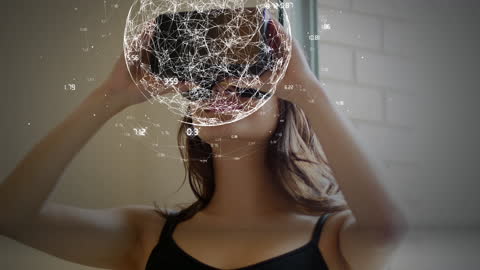 Woman Using VR Headset with Global Connections Overlay
