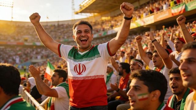 Cheering iranian football fans celebrating team victory in sunlit stadium at golden hour
