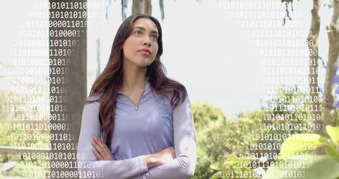 Pensive woman standing on veranda with binary code overlay suggesting digital future
