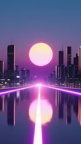 Pulsing Neon Road Toward Glowing Orb Over Futuristic City Skyline — Vertical Cyberpunk Loop