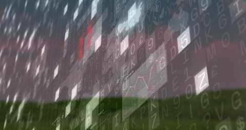 Displaying layered digital panels over dusk meadow with glyph overlays