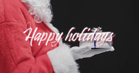 Santa Claus Holding Gift with Happy Holidays Text