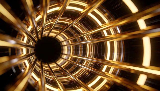 Golden vortex tunnel with concentric led rings and reflective rods creating cinematic depth