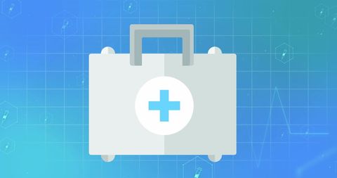 Digital Medical Kit with Health Icons on Blue Background