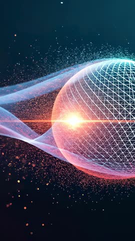 Gliding Ribbon Pulling Particles into Wireframe Orb with Halo Flare Vertical Tech Motion