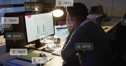 Analyst analyzing dashboards late at night with notification overload and performance charts