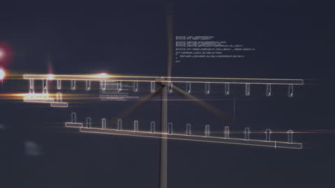 Digital Interface Displayed Over Wind Turbine at Night