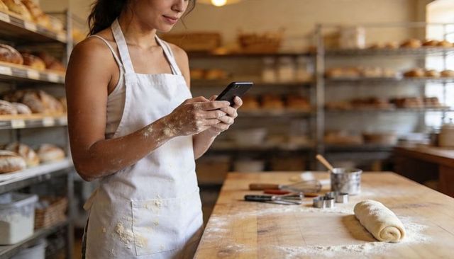 Woman baker checking phone while preparing dough on wooden workbench in rustic bakery