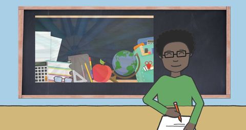 Cartoon Teacher in Classroom with Vibrant Educational Tools