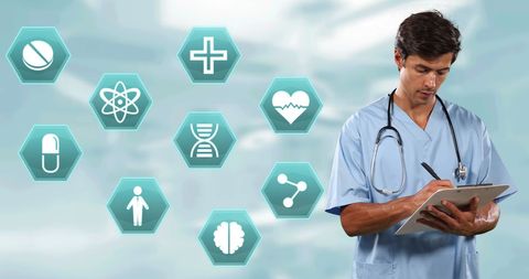 Surgeon Analyzing Medical Data with Healthcare Icons Overlay
