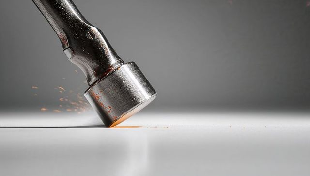 Close-up hammer striking white surface with orange rust sparks and metal patina