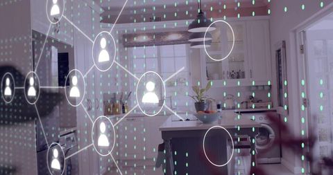 Smart home network overlay on modern kitchen island with connected user nodes and data streams