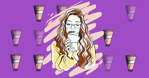 Cozy fashionista enjoying coffee with stylized icons