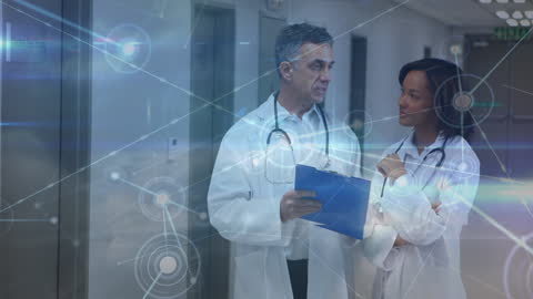 Healthcare Professionals Discussing with Digital Interface Overlay