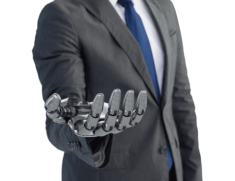 Businessman with robot hand on transparent background for innovative technology concepts