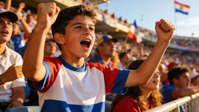 Teen fan cheering and raising fists in packed stadium with waving flags and crowd energy
