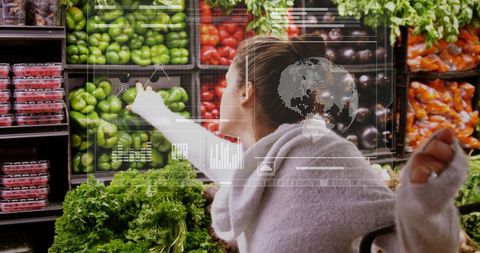 Woman analyzing data in grocery store with futuristic overlay