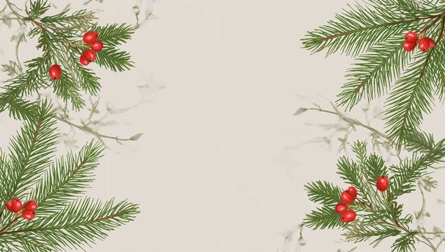Festive evergreen border with red berry clusters on warm beige background holiday design