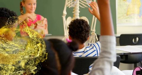 Elementary students raising hands in anatomy lesson with torso model and golden glitter