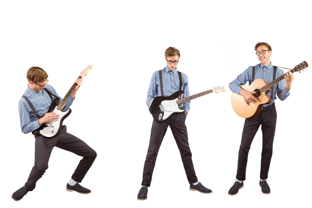 Transparent multiple image of cheerful man playing guitar in different styles - Download Free Stock Videos Pikwizard.com