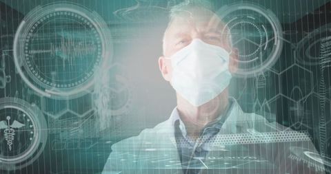 Doctor wearing face mask analyzing digital health data screens