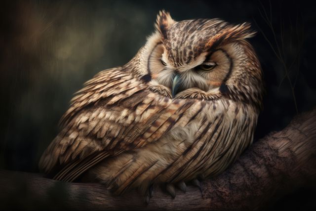 Long-eared owl perching on tree branch in the dark forest, displaying beautiful plumage and alert demeanor. Ideal for use in wildlife conservation content, educational materials about nocturnal birds, or decorative nature-themed art and merchandise.