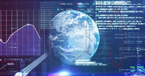 Holographic Earth Rotating Over Futuristic Data Dashboard with Geospatial Analytics