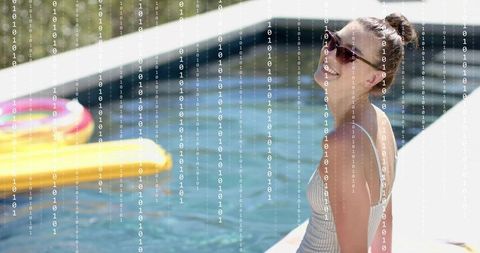 Poolside relaxing with binary code overlay, woman in striped swimsuit wearing sunglasses