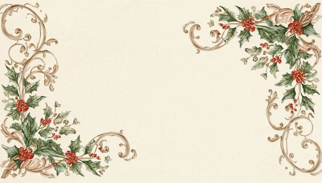 Vintage watercolor holly filigree border framing parchment with red berries and gold ribbon
