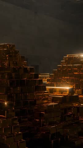 Shifting Light Illuminating Stacked Gold Bars Inside Vault | Vertical Luxury Footage