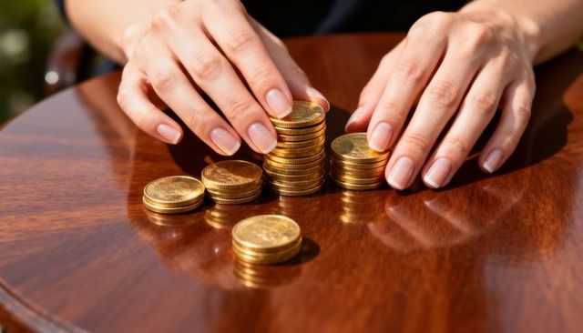 Female hands stacking gold coins on polished wood table for savings investment