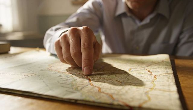 Pointing finger tracing route on vintage road map at wood desk planning travel navigation