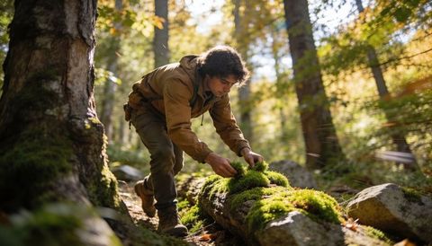 Kneeling hiker collecting vibrant green moss on fallen log in sunlit autumn forest trail