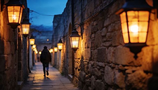 Walking lantern-lit stone alley at dusk, hooded traveler with backpack, moody evening