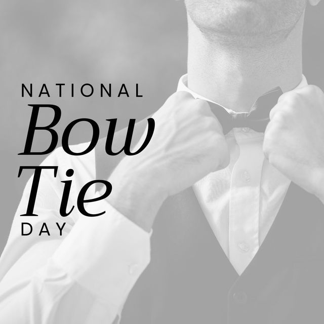 Composite of midsection of caucasian man wearing black bowtie and national bow tie day text. Copy space, white, menswear, fashion and elegance concept.