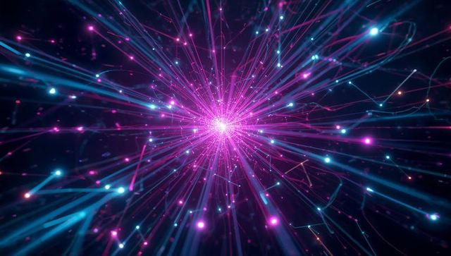 Radiating neon energy burst with magenta core and cyan filament network, futuristic