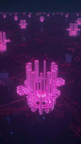 Vertical Cyber Circuit Pullback Showing Pulsing Magenta Wire Cluster on Neon Grid