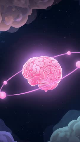 Neon Pink Brain Rotating with Orbiting Spheres in Cosmic Tech Vertical Video Loop