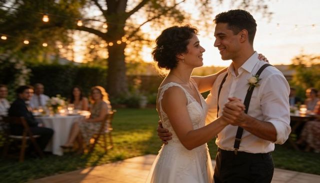 Sunset garden wedding first dance bride and groom dancing in romantic backlight