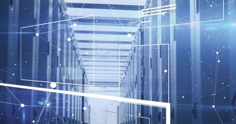 Data Center Corridor with Server Racks and Abstract Network Node Graphics for Connectivity