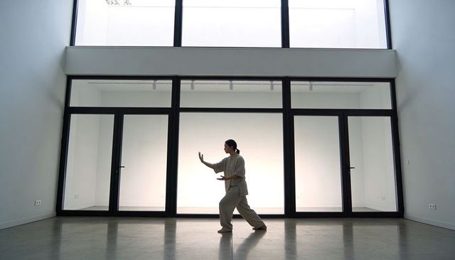 Asian woman practicing tai chi in minimalist backlit studio with black-framed glass doors