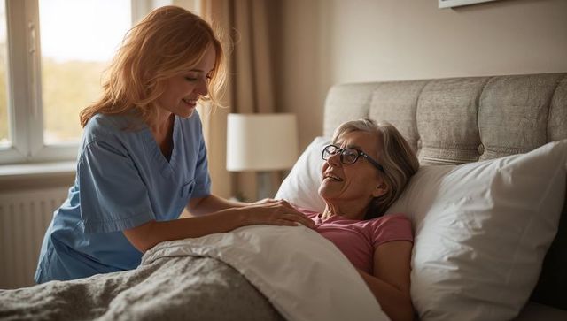 Smiling caregiver checking elderly woman in cozy bedroom providing bedside care