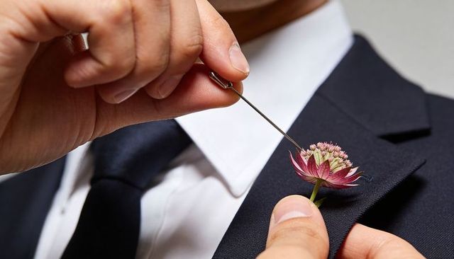 Pinning pink boutonniere on navy suit lapel closeup wedding groom detail