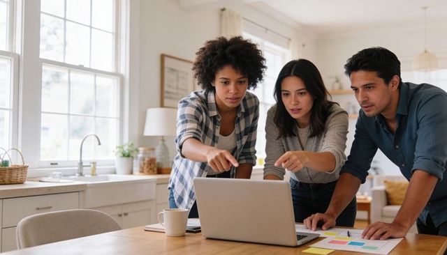 Young professionals collaborating over laptop in bright kitchen planning project