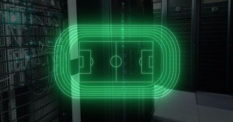 Futuristic holographic stadium in server room environment