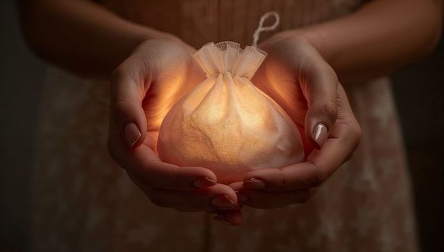 Elegant hands holding glowing drawstring pouch in serenity